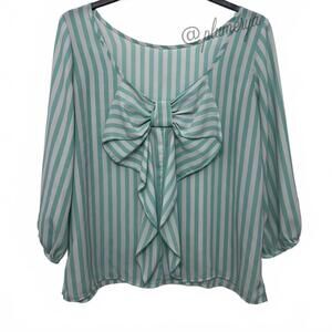 Lovely Day Women's Mint Striped Low Back Bow Detail Blouse Size L